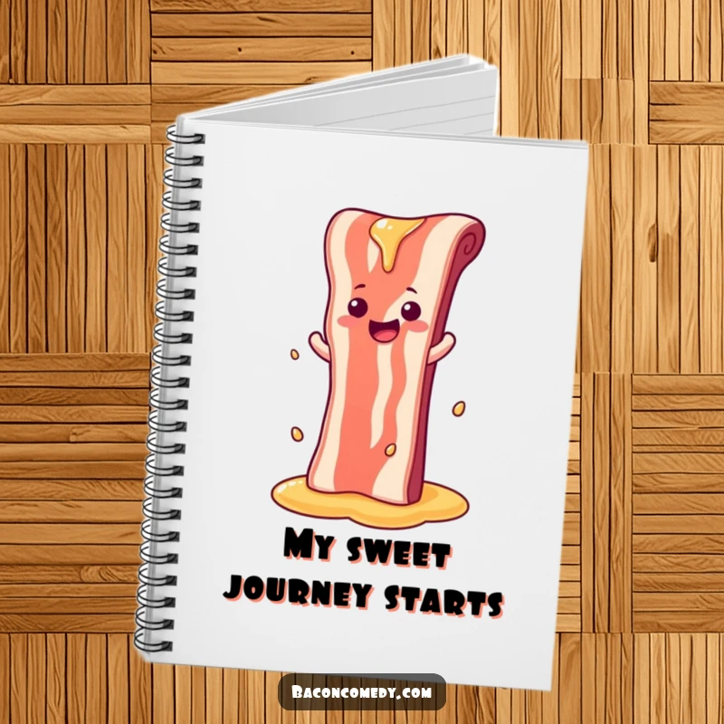 Funny notebook with a bacon strip sliding down a syrup waterfall, designed for jotting down sweet ideas.