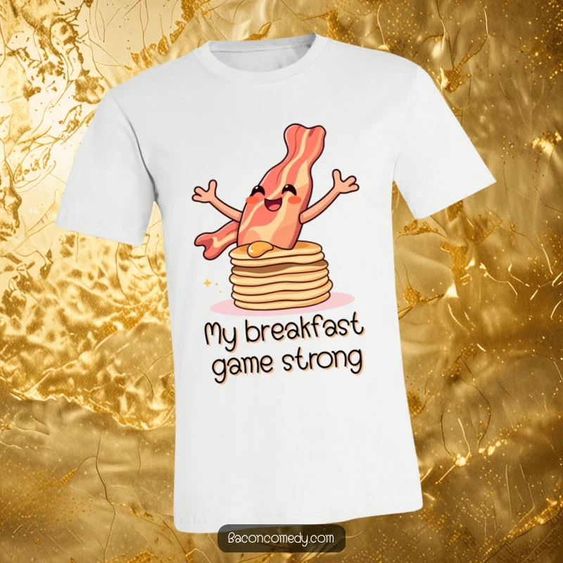 Funny t-shirt depicting a happy bacon strip mid-air, leaping gleefully over a tall stack of pancakes.