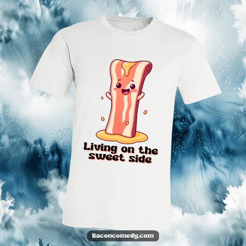 Funny t-shirt depicting a cheerful bacon strip sliding down a syrup waterfall, capturing a moment of pure indulgence.
