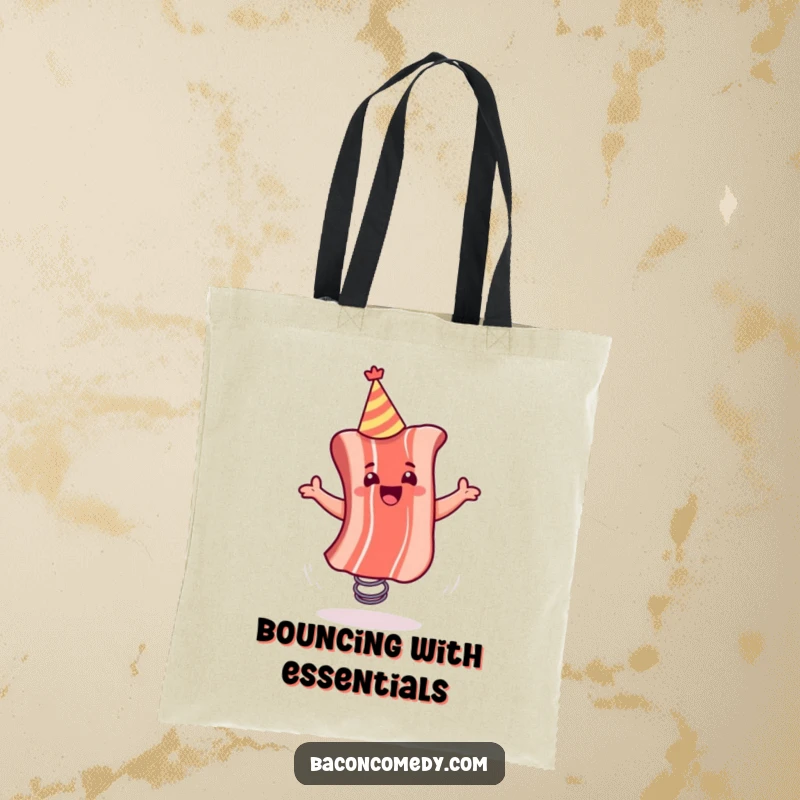 Funny tote bag depicting a festive bacon strip with a party hat, spring-loaded for enthusiastic bouncing, a whimsical carry-all.