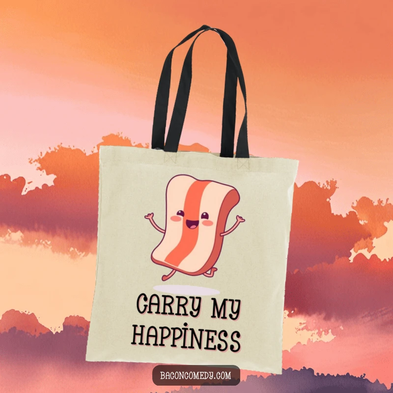 Funny Hopping Bacon Tote Bag: A cheerful bacon slice with tiny legs does a joyful little hop, showcasing happy energy.