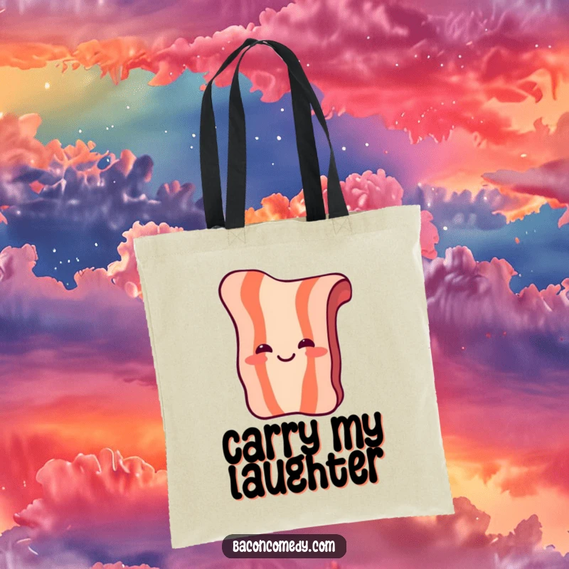 Funny Laughing Bacon Tote Bag: A piece of bacon with simple eyes and a mouth laughs heartily, showcasing infectious joy.