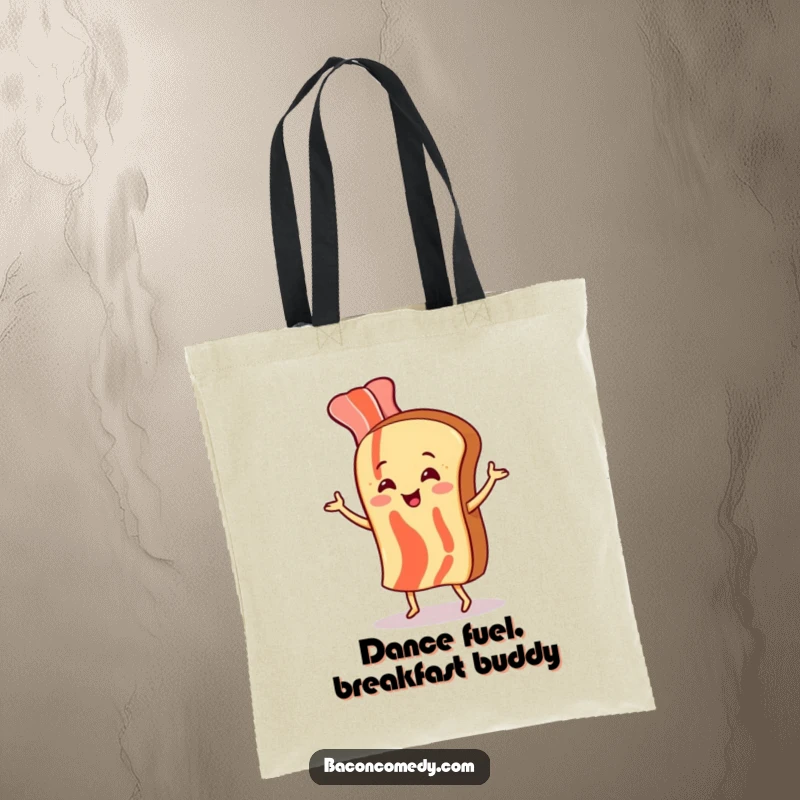 Funny tote bag depicting a lively bacon strip dancing with a toast slice, a whimsical and cheerful design.