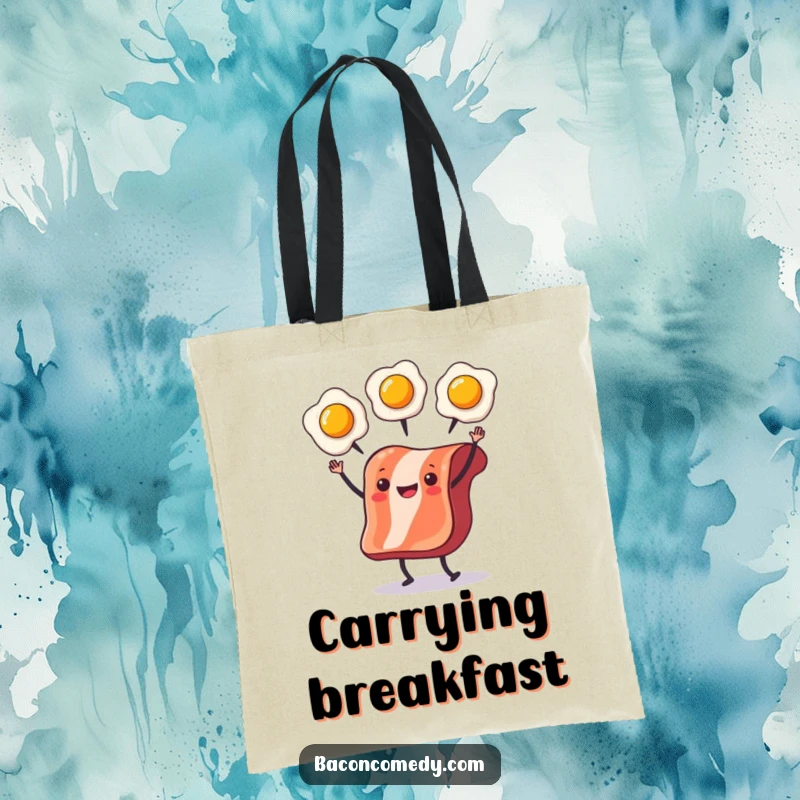 Funny Bacon Juggling Tote Bag with a slice of bacon juggling eggs, ideal for carrying items with a humorous food touch.