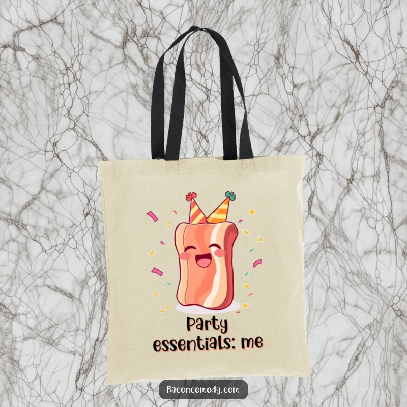 Funny tote bag with a piece of bacon in a party hat, laughing exuberantly amidst a shower of confetti.