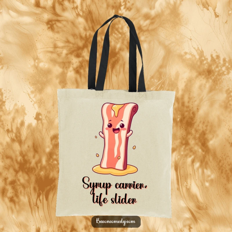 Funny tote bag showing a bacon strip sliding down a syrup waterfall, perfect for carrying essentials with a smile.